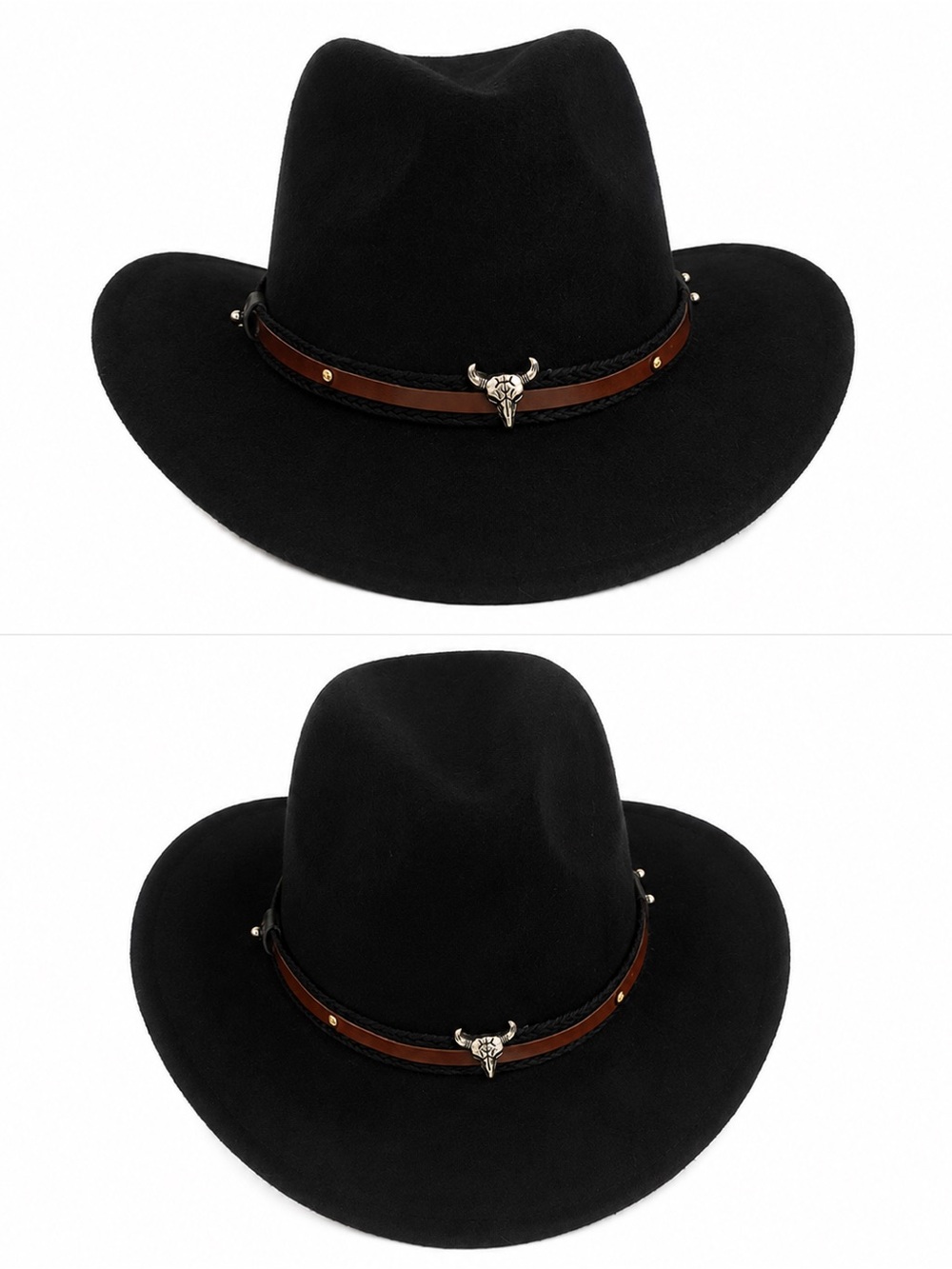 Black Wool Western Fedora Hat with Brown Leather Band